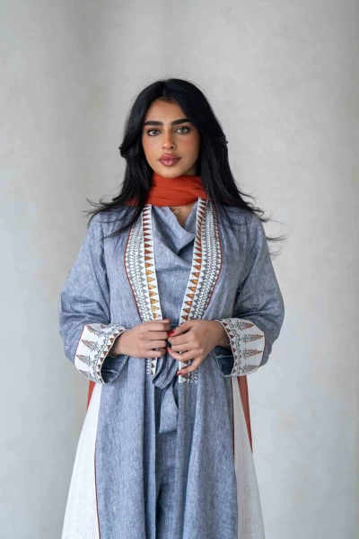 Linen Abaya in light gray with embroidery IB278 Gray